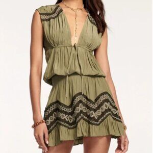 Ramy Brook Isra Mini Dress Sleeveless Deep V Neck Crochet Detail Clover  NWT